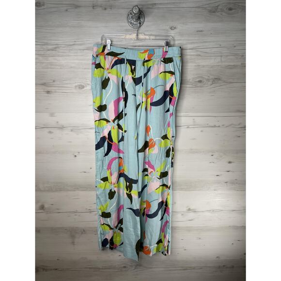 A New Day Pants Womens Large Blue Floral Print Linen Blend Wide Leg Drawstring - Picture 1 of 11
